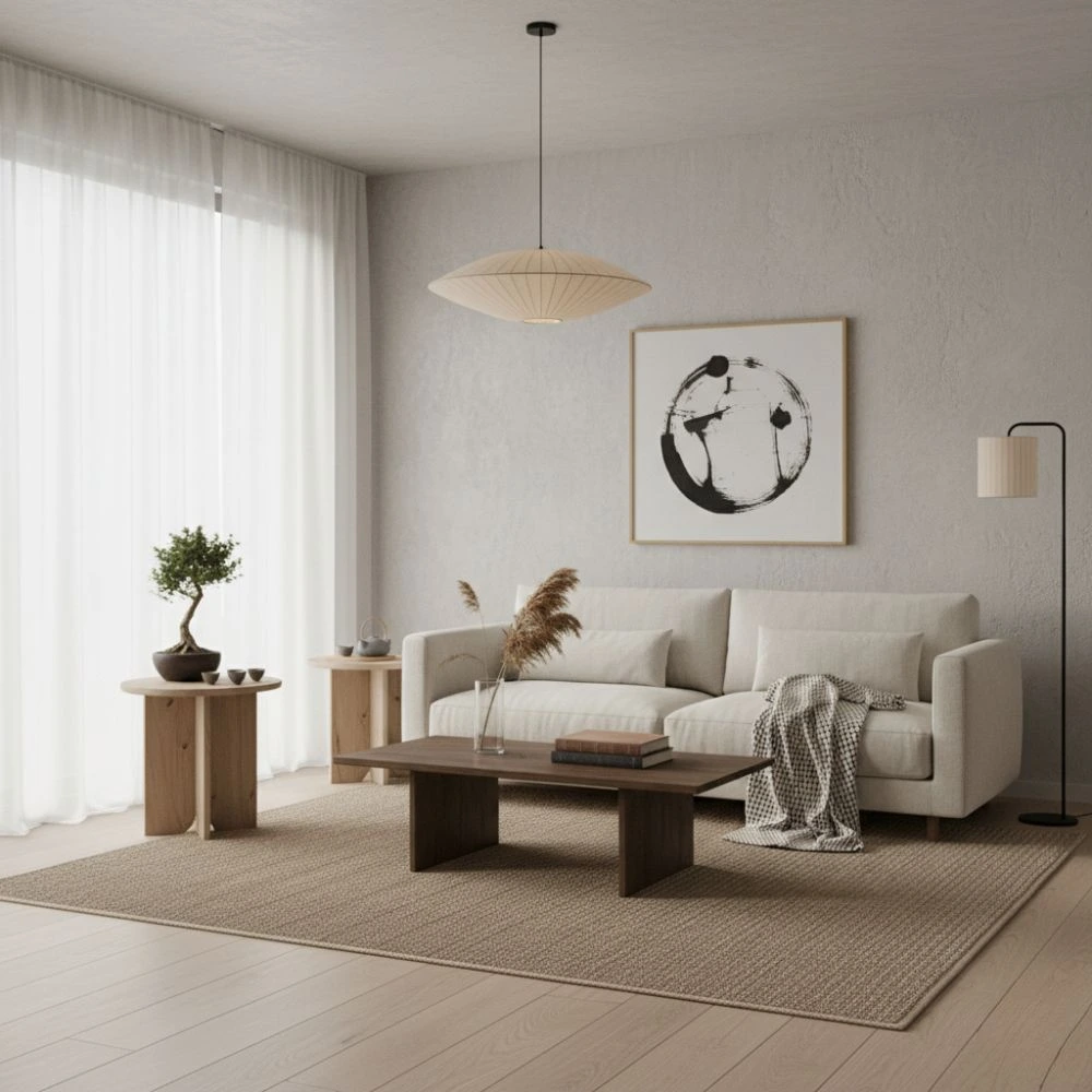 Serene Japandi Living Room with Natural Materials and Minimalist Design
